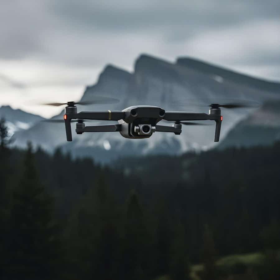 Detalhe do gimbal de três eixos de um drone profissional